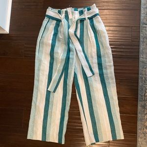 Green and white striped paper bag linen pant